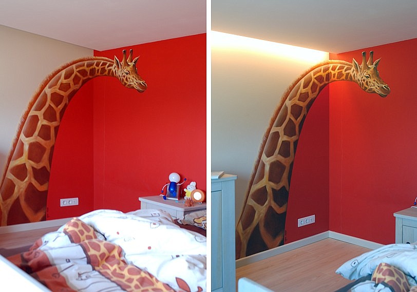 De giraffe-muurschildering overdag en 's avonds Muurschildering met giraffe